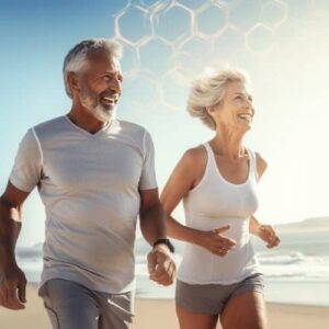 healthy older couple jogging on a beach faint overlay of a carbon 60 atom illustration