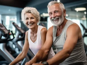 An image featuring a senior couple engaged in a workout routine, highlighting the importance of C60 in protecting against free radicals for healthy aging